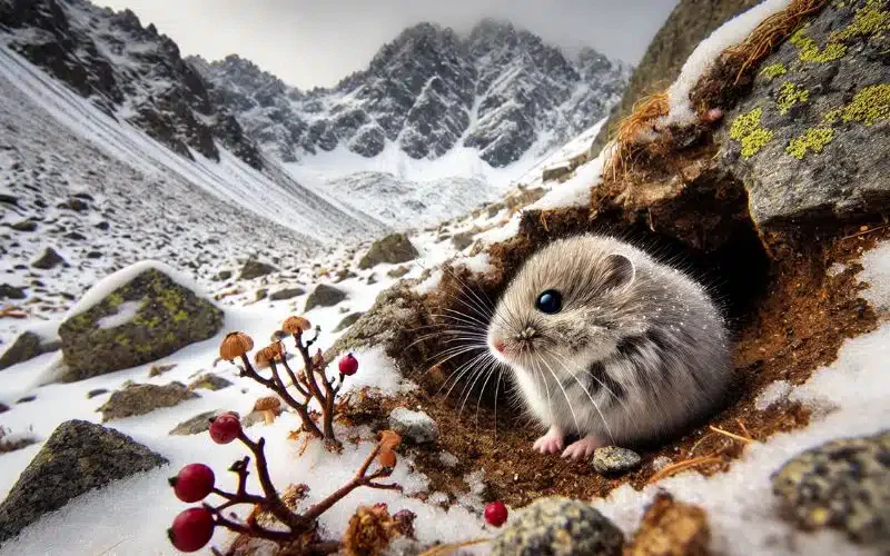foto di un arvicola delle nevi nascosta nella roccia