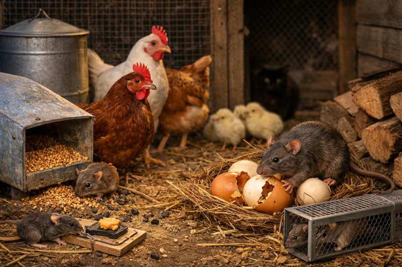 immagine topo nel pollaio e galline